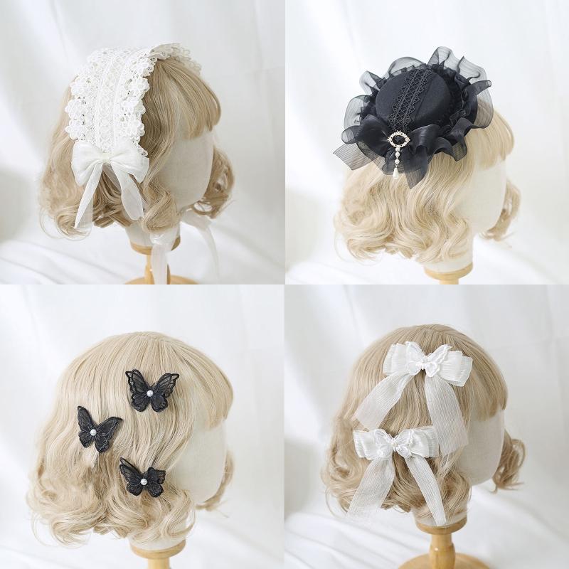 Girls Ruffles Lace Necklace with Pearl Chain Pendant Ribbon Bows Earrings Hair Clips Handmade Lolita Hair Ornaments