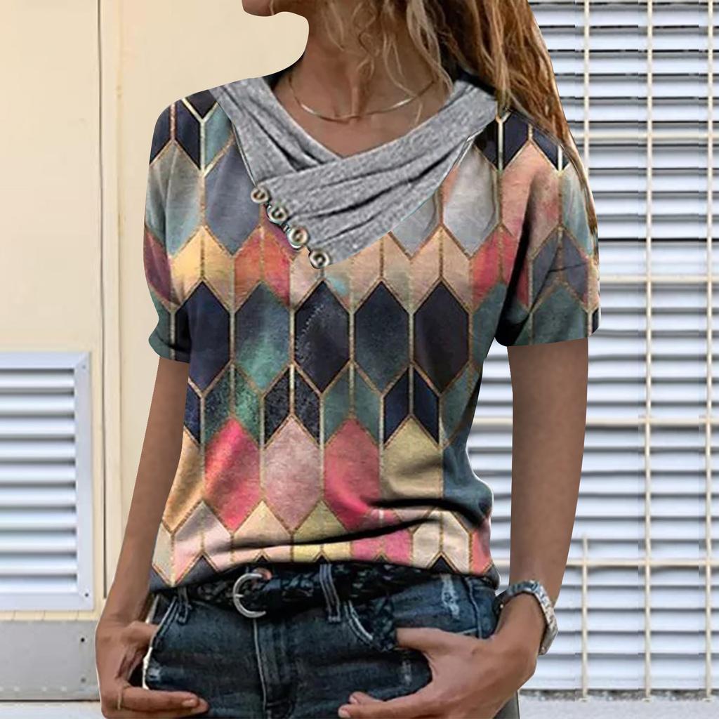 Women Tie-dye Printed Embroidery Collar Splicing Sleeve Pullover Blouse Tops