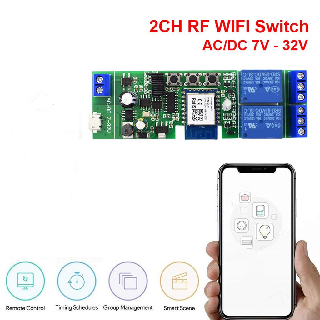 2CH WiFi RF433 Wireless Switch-Relay, Inching Self-Locking Interlock Modes Smart-Life App-control Modules AC-DC 7V-32V