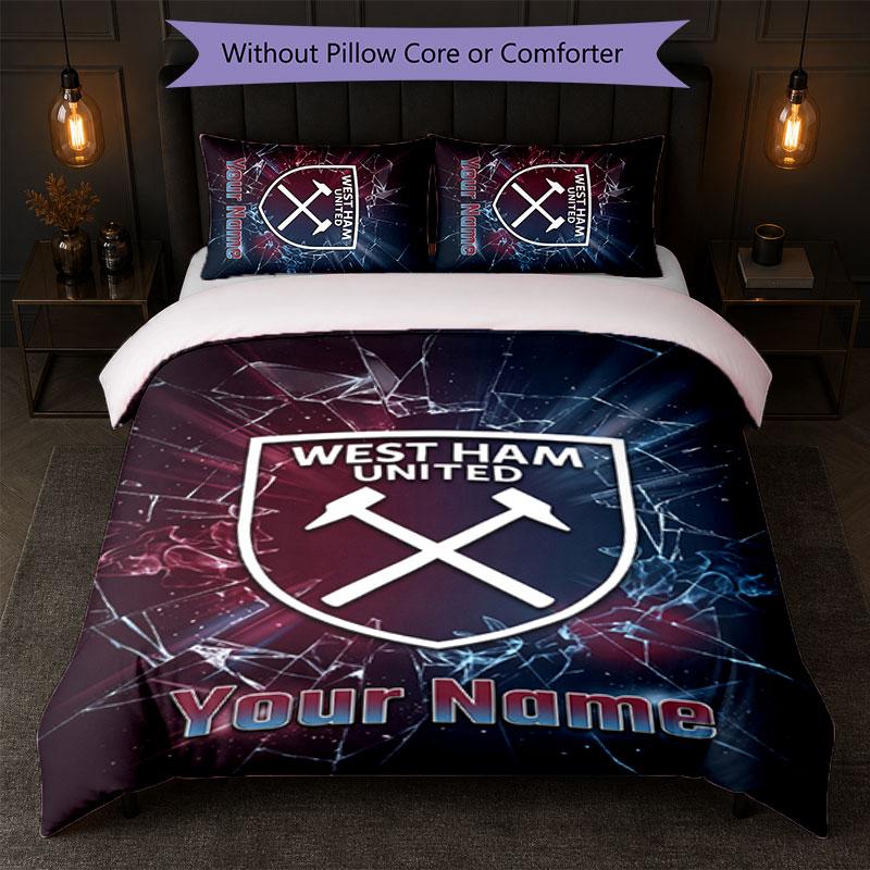 Set Biancheria da Letto Personalizzato West Ham United FC Testo Nome 1 Copripiumino+2 Federe Logo Calcio Regalo Personalizzato per Occasione Speciale Decorazione Camera da Letto