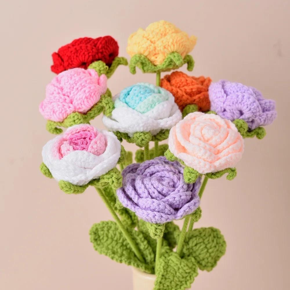 Knitting Flower Rose Bouquet Simulation Flower Home Decoration Wedding Hand-Knitted Crochet Fake Floral for Valentine's Gift