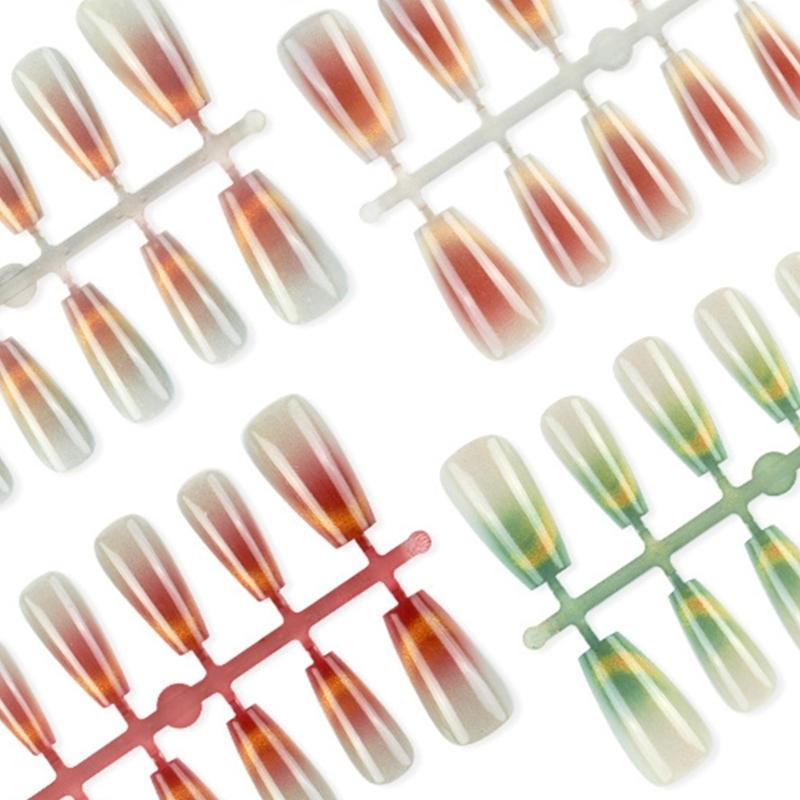 Pack of 30 Coffin False Nails Long Crystal Press On Cat Eyes Gradient Reusable Stick On Nails for Women Girls