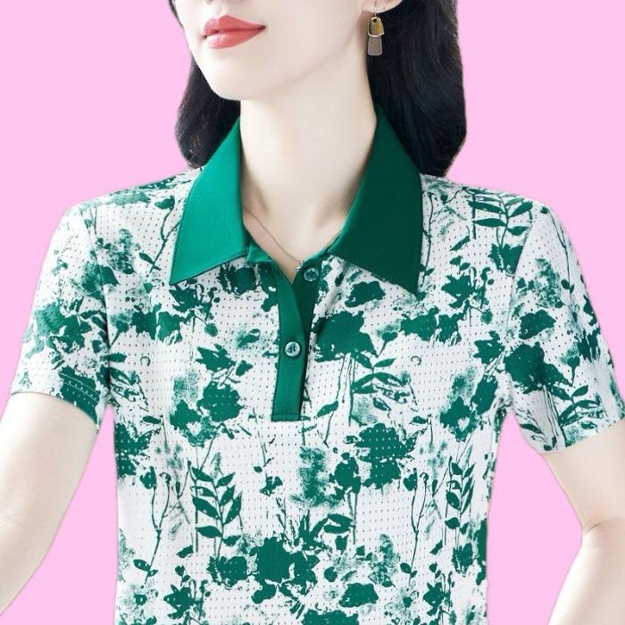 Lapel Short-sleeved T-shirt for Ladies Summer New Polo Shirt Large Size Top Middle-aged Mother Loose Printed T-shirt