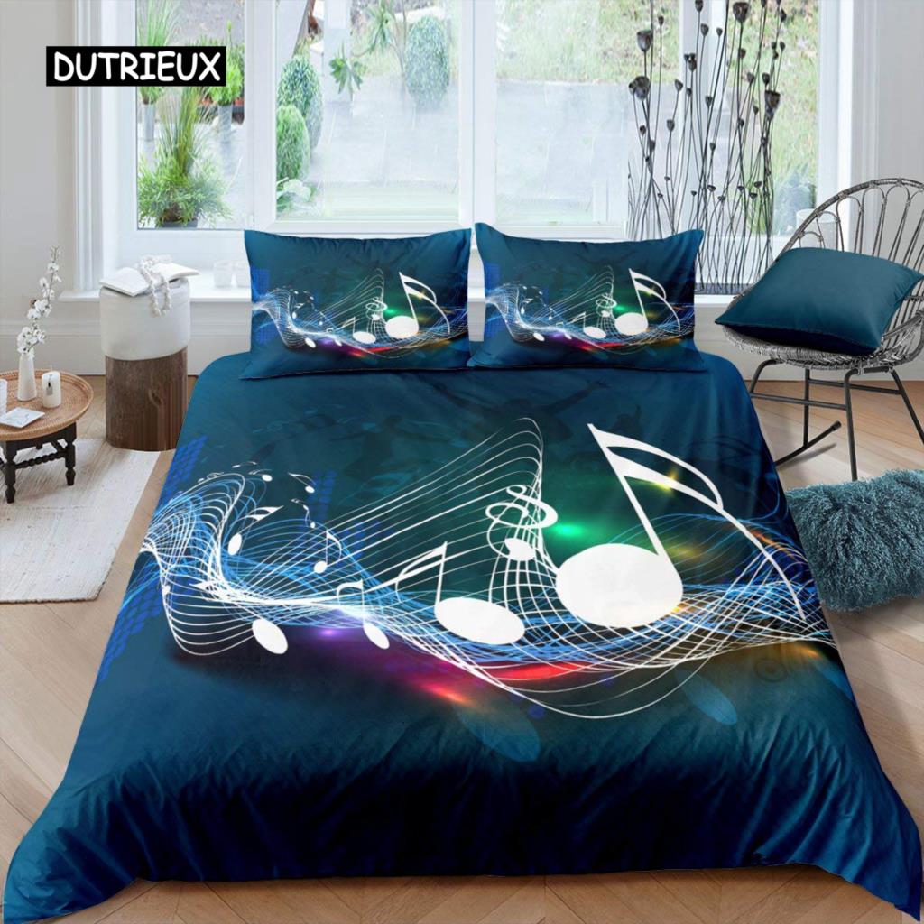 Music Notes Duvet Cover Set Queen Size Purple Musical Theme Bedding Set Gold Shiny Pattern Comforter Cover for Kids Girls Adult