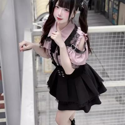 Mijn Spice Girls Kant Japanse Blouse Top Hoge Taille Rok Off Shoulder Skinny Tweedelig Set