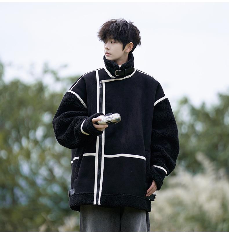 Men's Lambswool Fur-Lined Color Block Winter Jacket, Trendy American Brand, Plus Size, Thickened Cotton for Teens