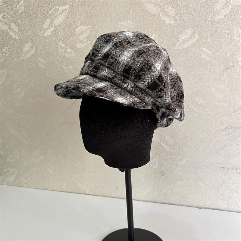 Retro Plaid Forward Hat Female Autumn and Winter Versatile Face Small Painter Newsboy Hat Big Head Circumference Anti-wearing Beret