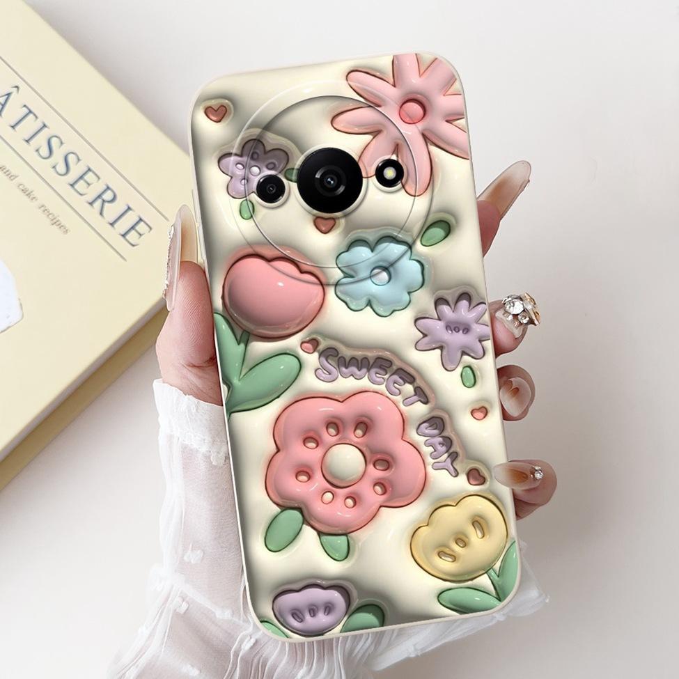 Für Redmi A3 Hülle Niedliche Cartoon Katze Ästhetisch Blumenmädchen Junge Stoßfeste Silikon-Rückabdeckung Für Xiaomi Redmi A3 Handyhülle Coque