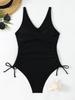 Women's 2026 Solid Color Drawstring Waist One-Piece Swimsuit - New Fashion Trends In Europe and America