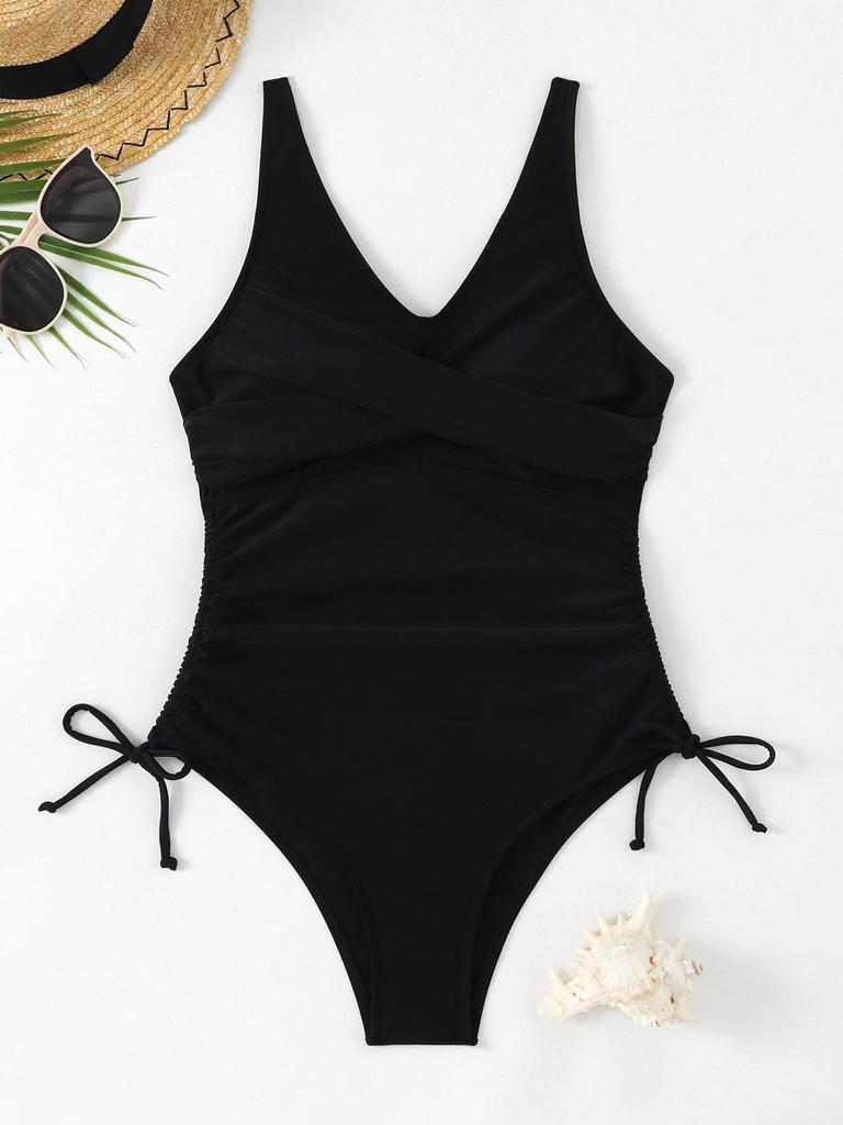 Women's 2026 Solid Color Drawstring Waist One-Piece Swimsuit - New Fashion Trends In Europe and America