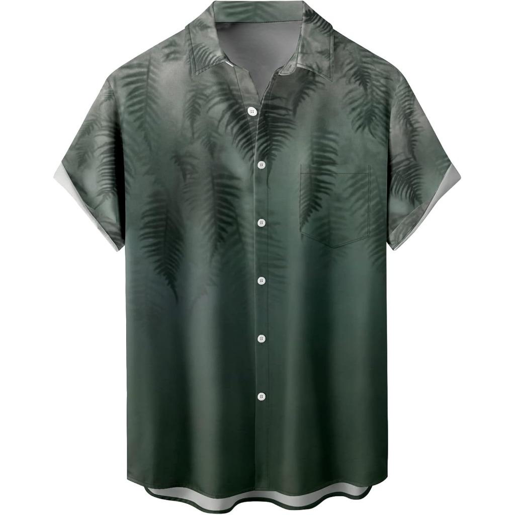 Summer Men's Gradient Sketch Coconut Tree 3D Print Shirt, Retro Hawaiian Tropical Quick-Drying Loose Aloha Shirt