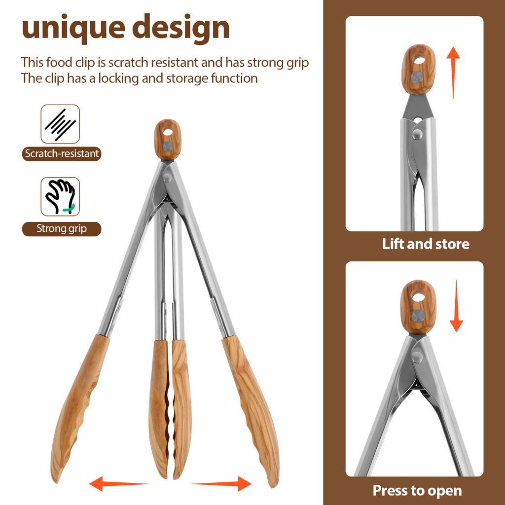 Olivenholz Kochzange mit Holzspitzen und Edelstahlgriff Verriegelbare Küchenzange Antihaft-Holzzange für Pfannen und BBQ