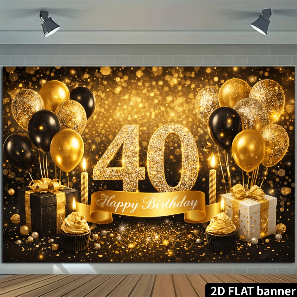2D-Ebene 40. Geburtstag Party Banner Hintergrund mit Schwarz-Gold-Glitzer-Thema, hergestellt aus strapazierfähigem Polyestermaterial