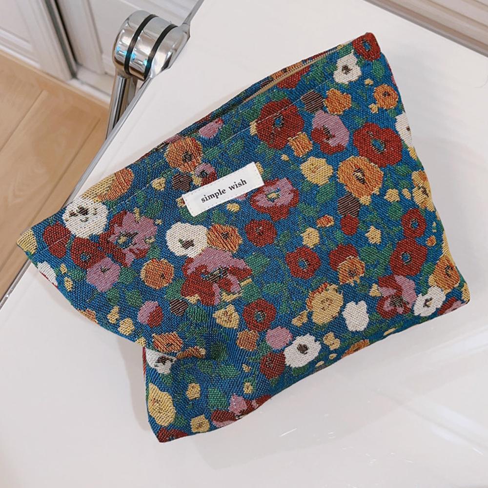 Retro Flower Pattern Canvas Cosmetic Bag Makeup Bag Travel Toiletry Accessories Organizer Pouch
