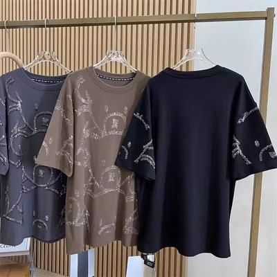 Women's Spring and Summer Short-sleeved Bear Design T-shirt Mid-length Round Neck Loose Pullover Tops