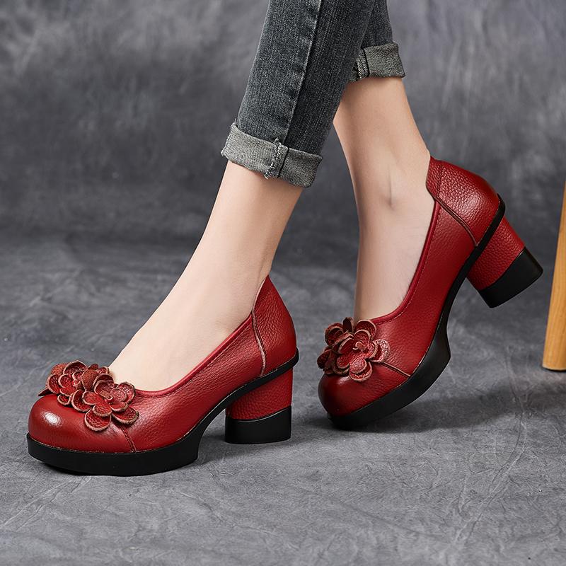 Mode GKTINOO 2025 Frühling Neu Ethnischer Stil Runde Zehe Hohe Absätze Schuhe Blume Plateau Retro Echtes Leder Pumps Damenschuhe