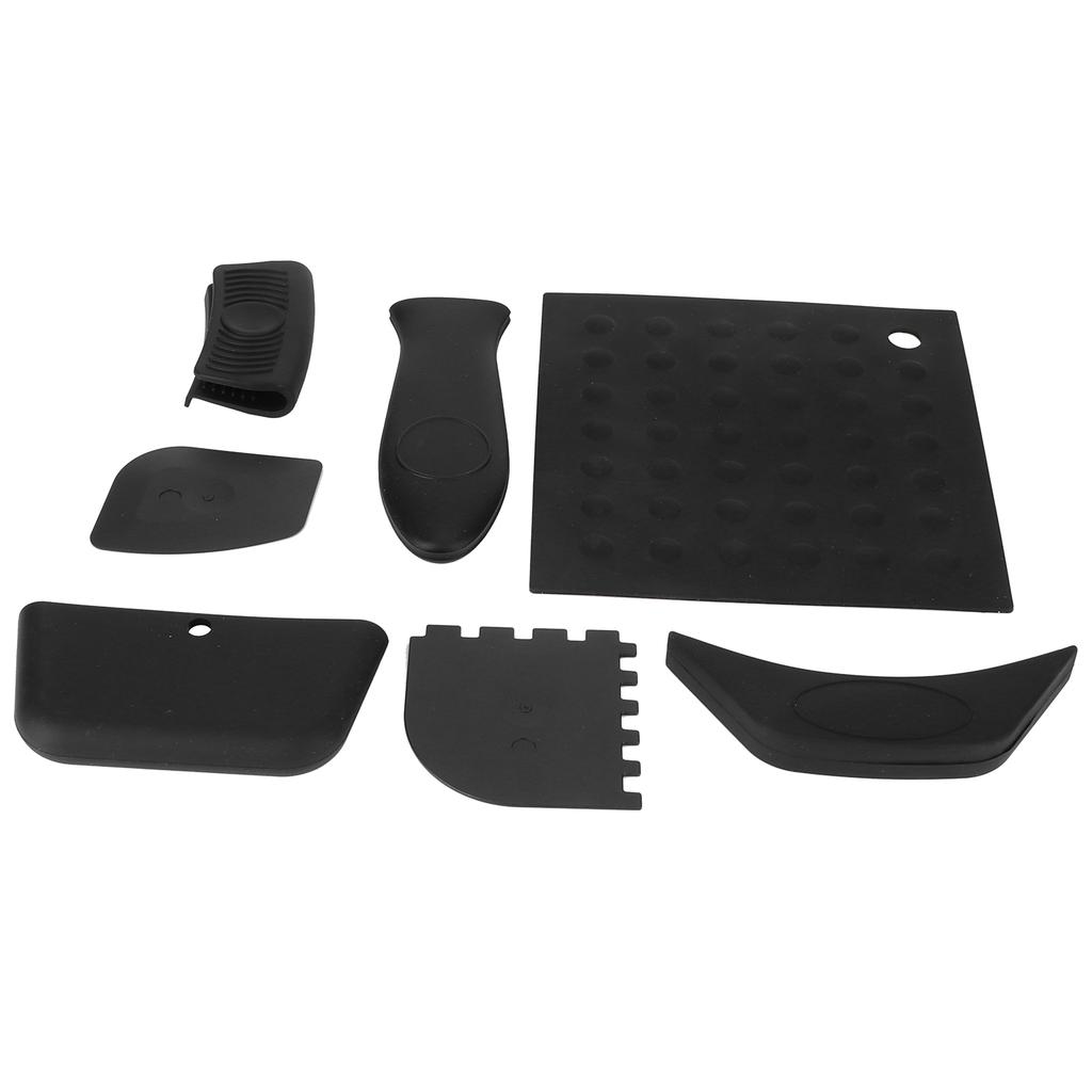 7Pcs Set Pot Holder AntiScald Silicone Grill Pan Scraper Handle Cover Set Kitchen Accessory(Black )