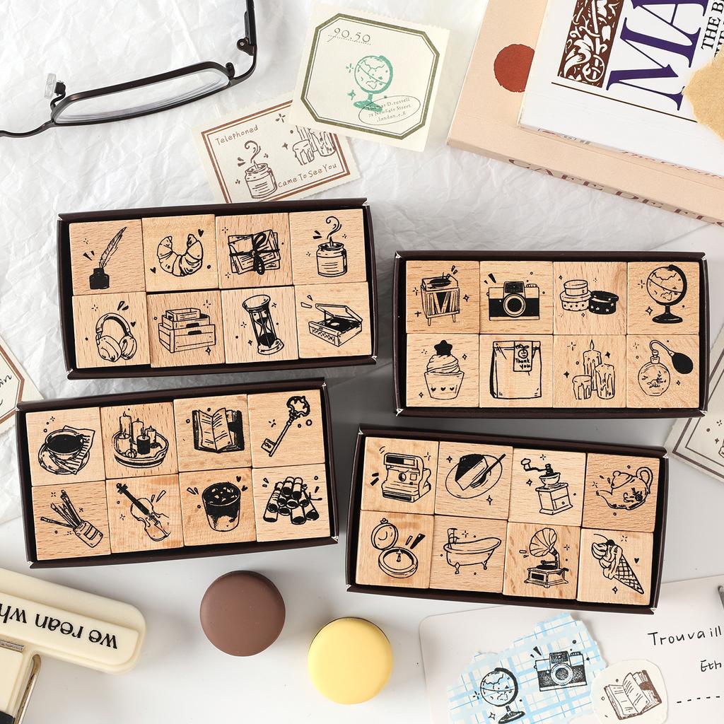 8 Pcs Vintage Cartoon Series Wooden Rubber Letter Number Symbol Stamp Set For Card Making Planner Scrapbook