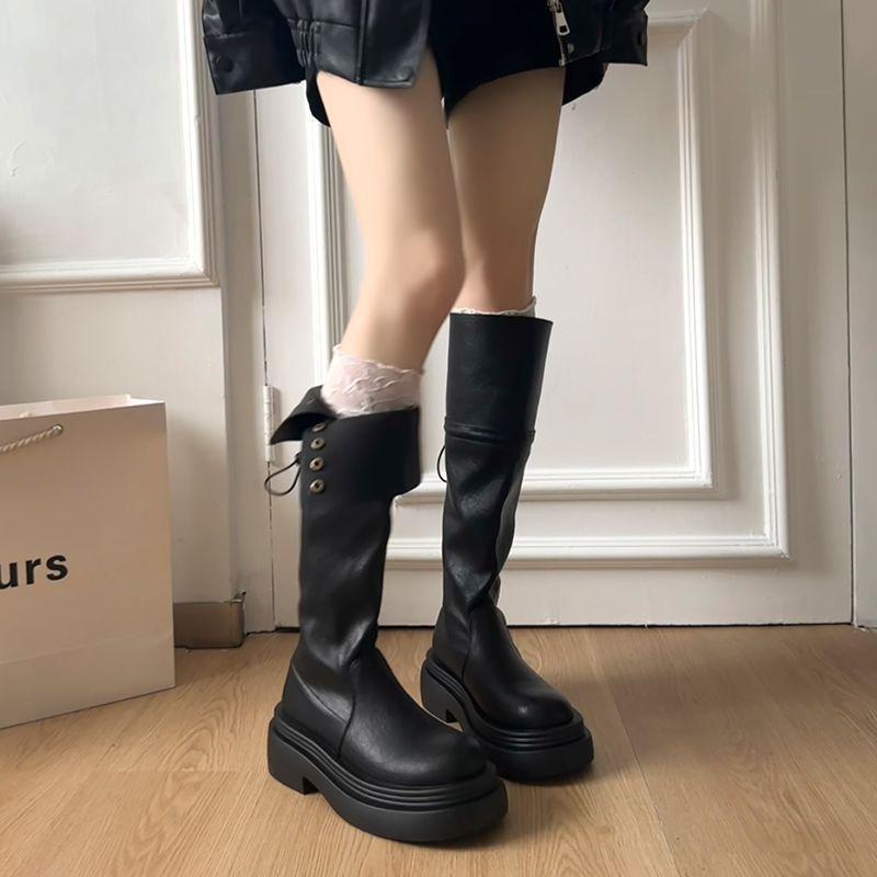 Black but knee boots women's 2025 new autumn thick-soled heightened two wear versatile tall stacked knight boots