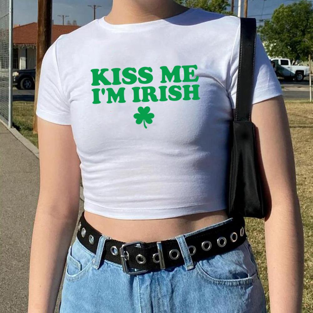 Kiss Me I'm Irish Baby Tee Irish Shirts Women's Fitted Tee St Patricks Day Cropped Top 90s Retro Baby Tees