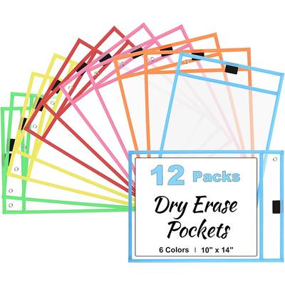 Paquete de 12 Fundas de Bolsillo para Pizarra Blanca Protectores de Hoja Reutilizables 10x14 Portatickets de Trabajo con Anillas Bolsillos para Escribir y Borrar para Trabajo Aula Oficina