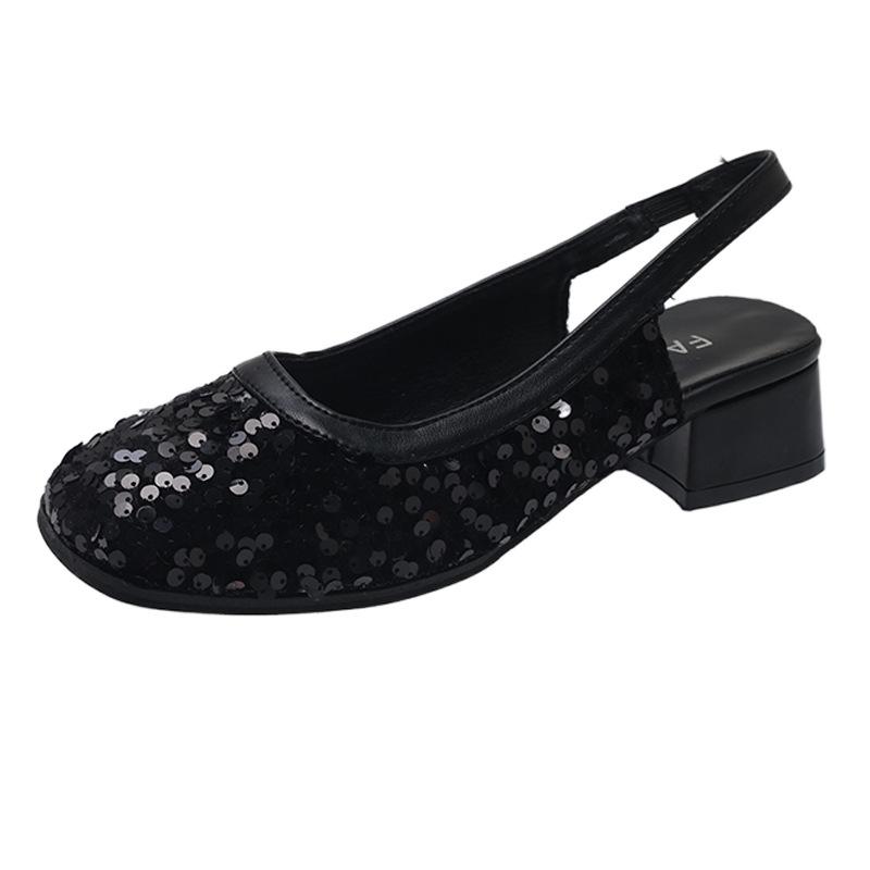 Spring new French niche high-end bag head sandals fairy shoes square head single shoes sequined mid-heel shoes