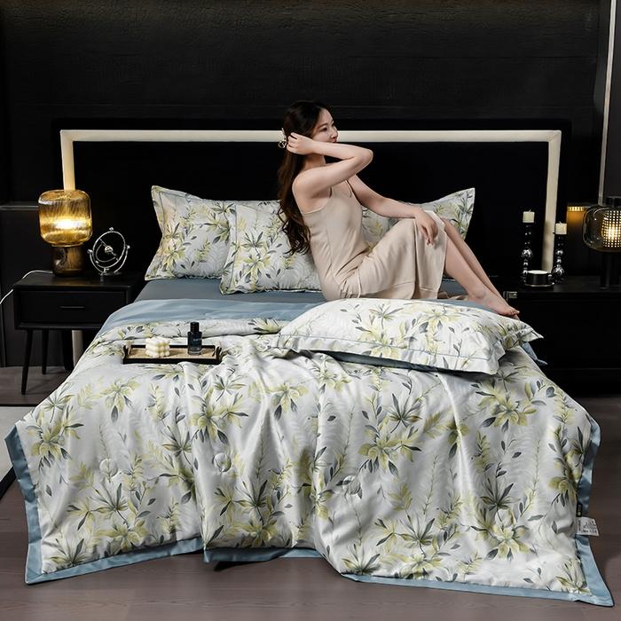 Washed tencel printed summer quilt four-piece cool silk single-piece summer cool quilt air conditioner for summer use