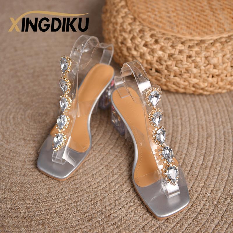 

Fashion Summer transparent sandals women s high-end niche French new crystal heels thick heels pigeon egg rhinestone high heels banquet 34