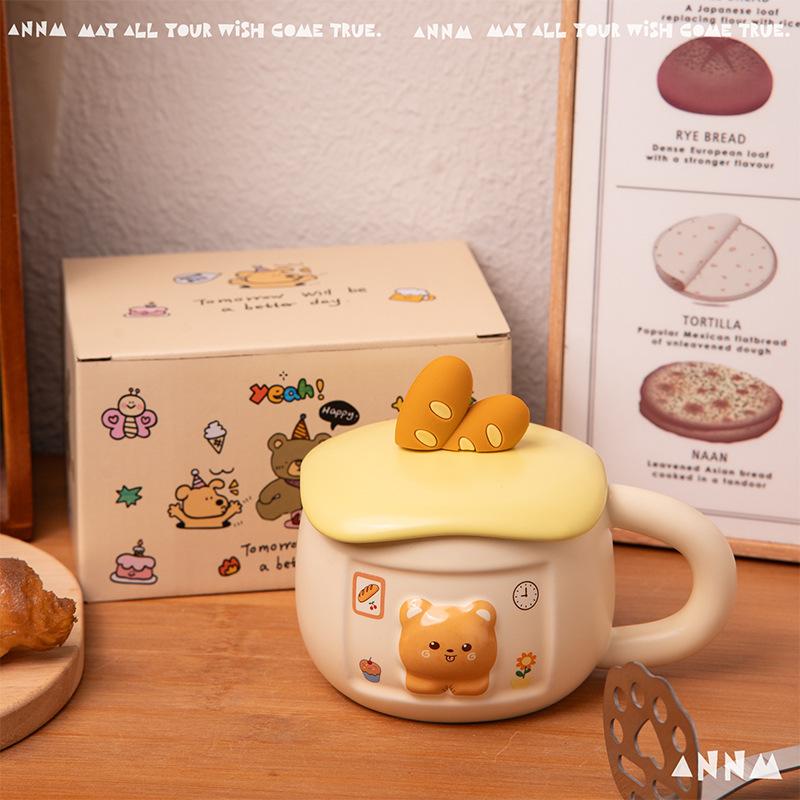 

Cheese Bread Bear Water Cup Women s New High Appearance Level Ceramic Mug with Lid Home Drinking Water Gift for Others