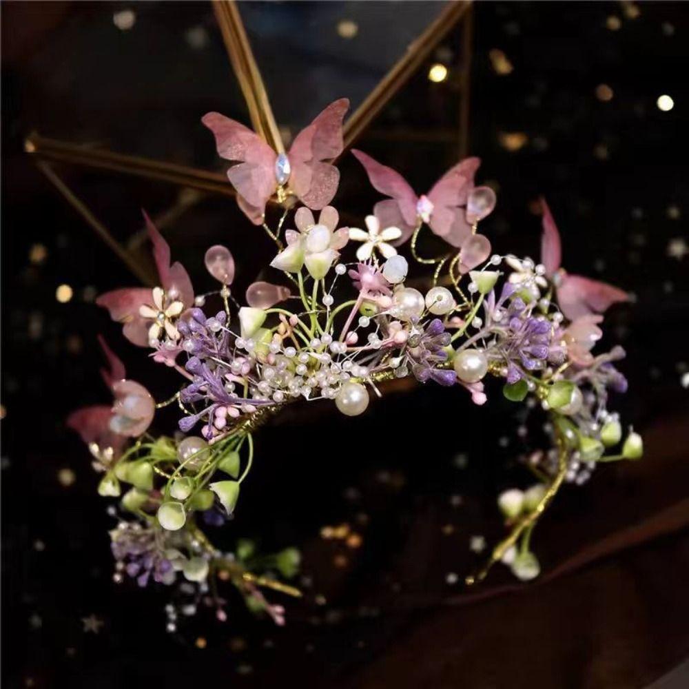 Butterfly Pearl Headpiece Imitation Pearl Girl Crown Flower Child Crown Kid Hair Hoop  Daily Wear
