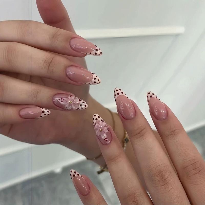 Pink French Edge Press On Nail with Colored Dot Accents, Long Pointed 30 Piece Styling Set, Adhesive Tabs and Storage Box Included