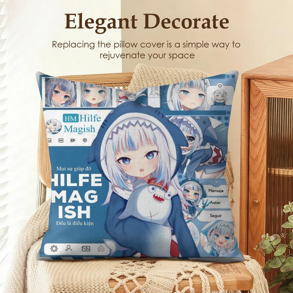 Cute GGawr Gura Cushion Cover Natural Linen Organic Fabric DoubleSided Printing Sofa Home Decor Gift Pillow Case