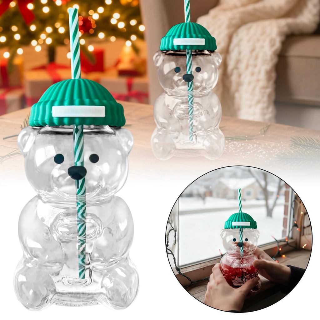 Bärenform Plastikbecher mit Strohhalm Kaffeetasse Niedlich Cartoon Kreatives Glas Saftbecher Teetasse Trinkgeschirr Neujahrsdeko Wohngeschenke
