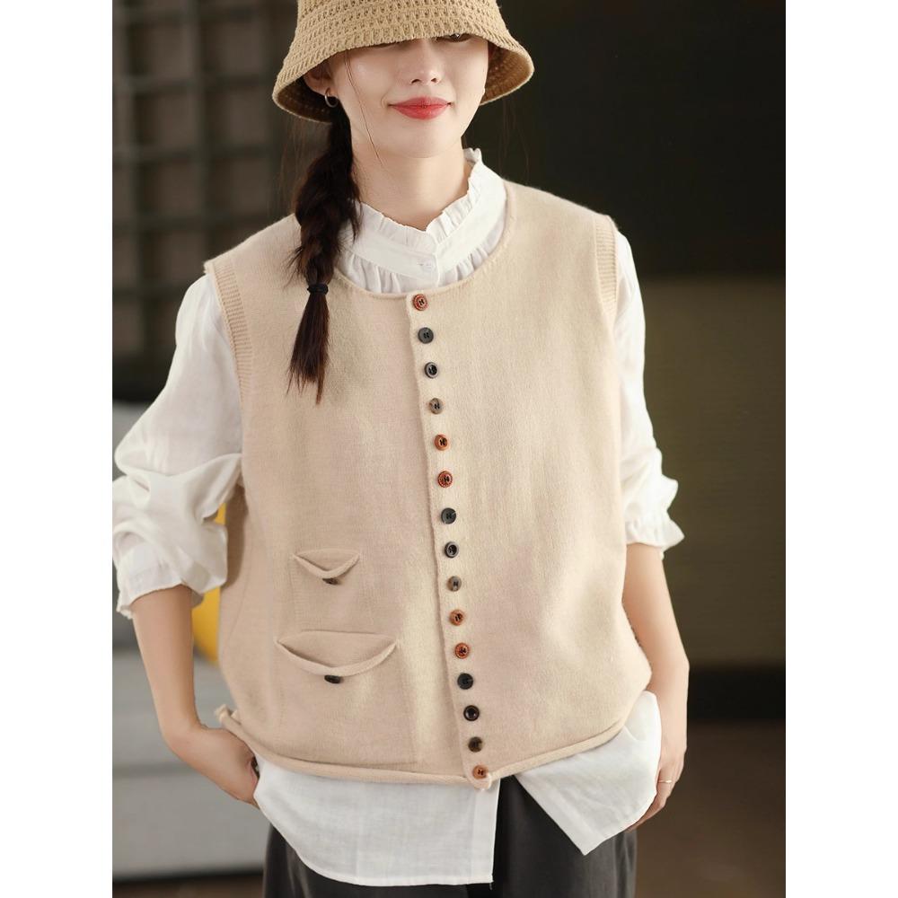 Dimanaf 2025 Autumn Women Sleeveless Buttons Vest Sweaters Style Loose Knitting Casual Sweater