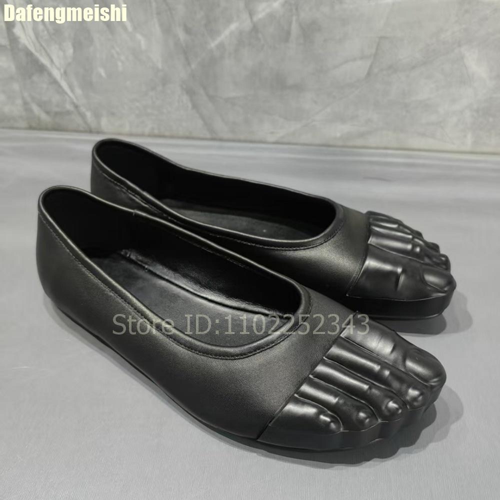 Fashion Black Five-Toe Flats Shoes Slip On Fashion Casual Shoes Shallow Mary Jane Round Toe Leather Shoes 2025 New Women Sheepskin Shoes