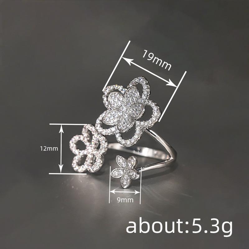 Floral shiny open ring female, three inlaid zircon lady accessories new lily ring