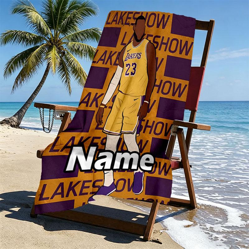 Custom Name Personalized Los Angeles Lakers basketball Print Beach Towel, for Trip Camping Beach Party Home Decor, Birthday Gift for Family & Friends
