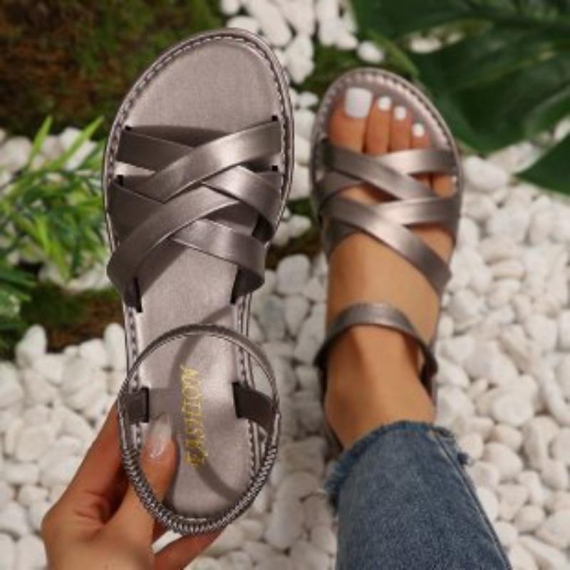 New Large-sized Flat Sandals for Women, Elastic Cross-band Beach Shoes for Women