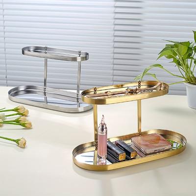 Bandeja de Joyería de Doble Capa con Espejo, Estante de Almacenamiento de Dos Niveles para Cosméticos, Joyería y Relojes, Hecho de Acero Inoxidable