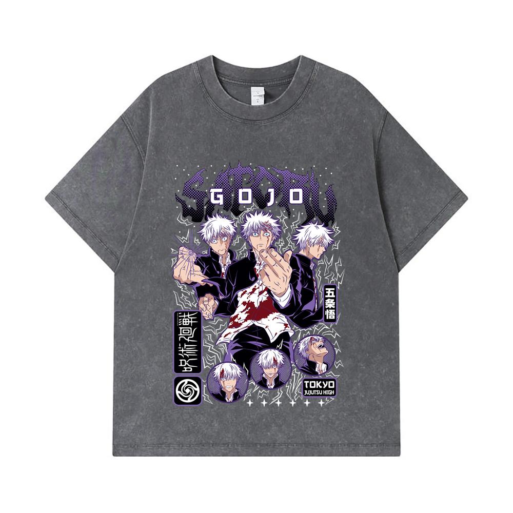 275 GSM Washed T-shirts 100% Cotton Jujutsu Kaisen V24 Gojo Print Unisex Heavy Cotton T Shirt