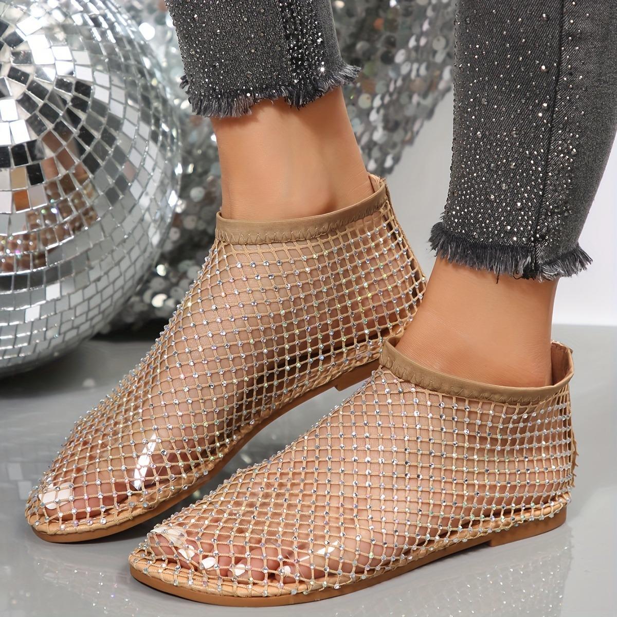 

Елегантні жіночі плоскі сандалі, прикрашені стразами - Дихаюча сітчаста підошва, Зручна гумова підошва, Повсякденне взуття з круглим носком 42 хакі