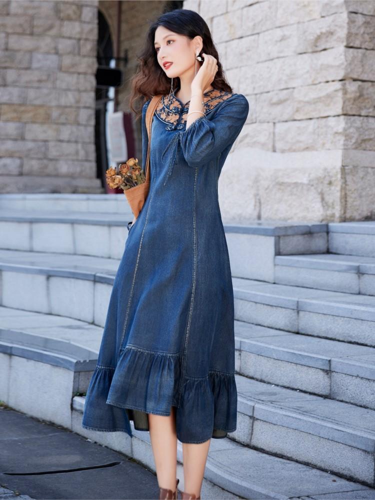 Johnature Rochie în stil chinezesc, broderie la modă pentru femei, de culoare solidă, rochii neregulate din denim coadă de pește