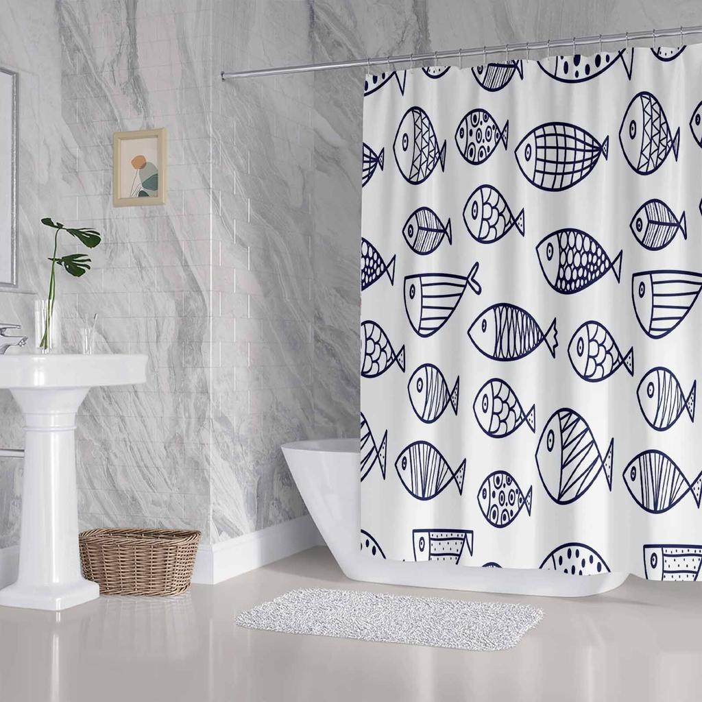 1Pc Minimalist Blue Fish Pattern Shower Curtain, Machine Washable Polyester, Suitable For Bathroom Decor.