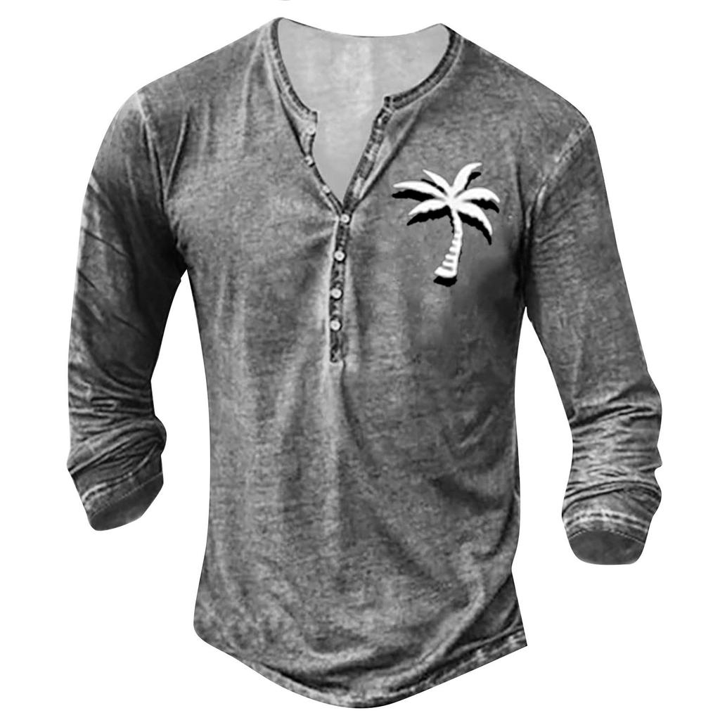 Men's Long Sleeve Pattern Embroidery Fashion T-Shirt Autumn Long Sleeve Print Button Pullover Top
