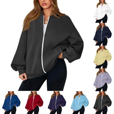 Damen Mode Langarm Farbe V-Ausschnitt Locker Oversize Reißverschluss Jacke