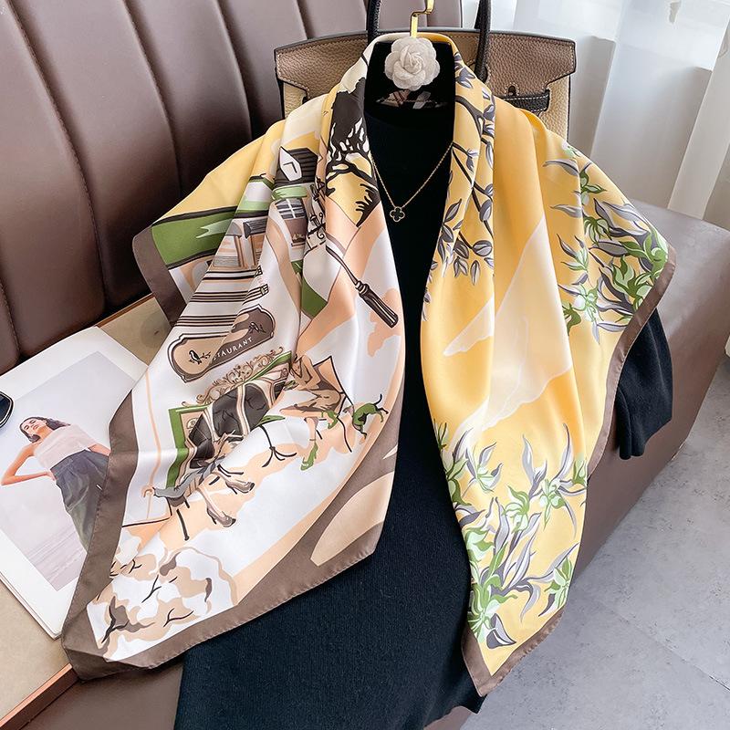 Luxury Brand Square Scarf For Women Design Shawl Wrap 90cm Print Twill Silk Women Hijab Female Foulard Headband Bandana