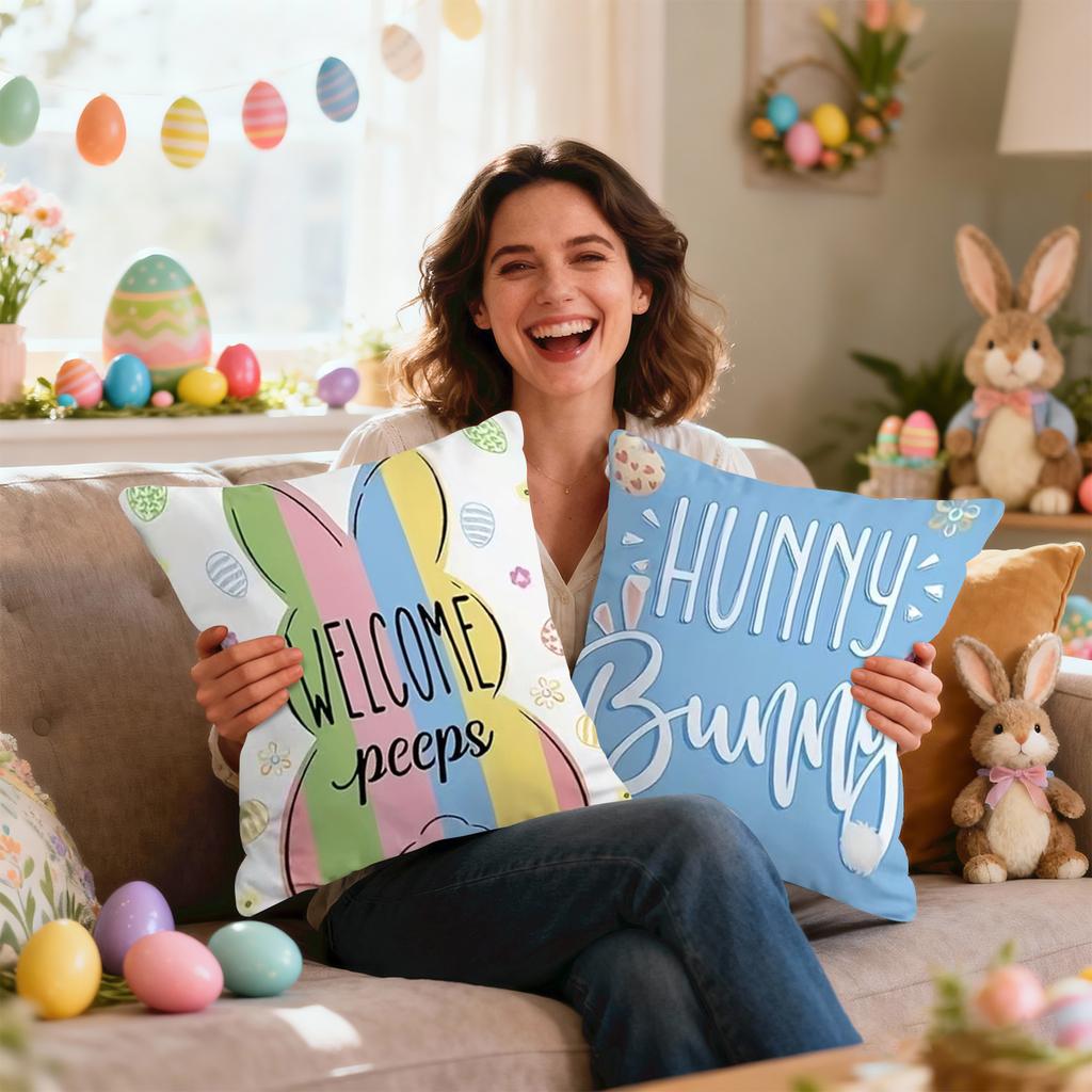 Easter Short Plush Printed Pillow Cover With Bunny And Carrot Sofa Decoration