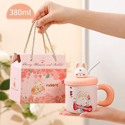 Cute Rabbit Ceramic Mug Set with Lid