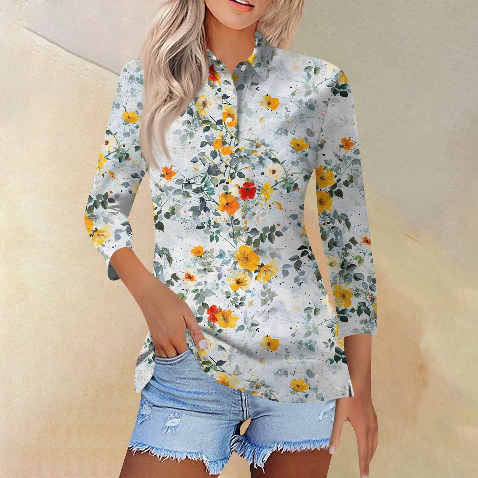 Women s Fashion Casual Lapel Short Sleeve Printed Shirt Women s Button Up Tops L