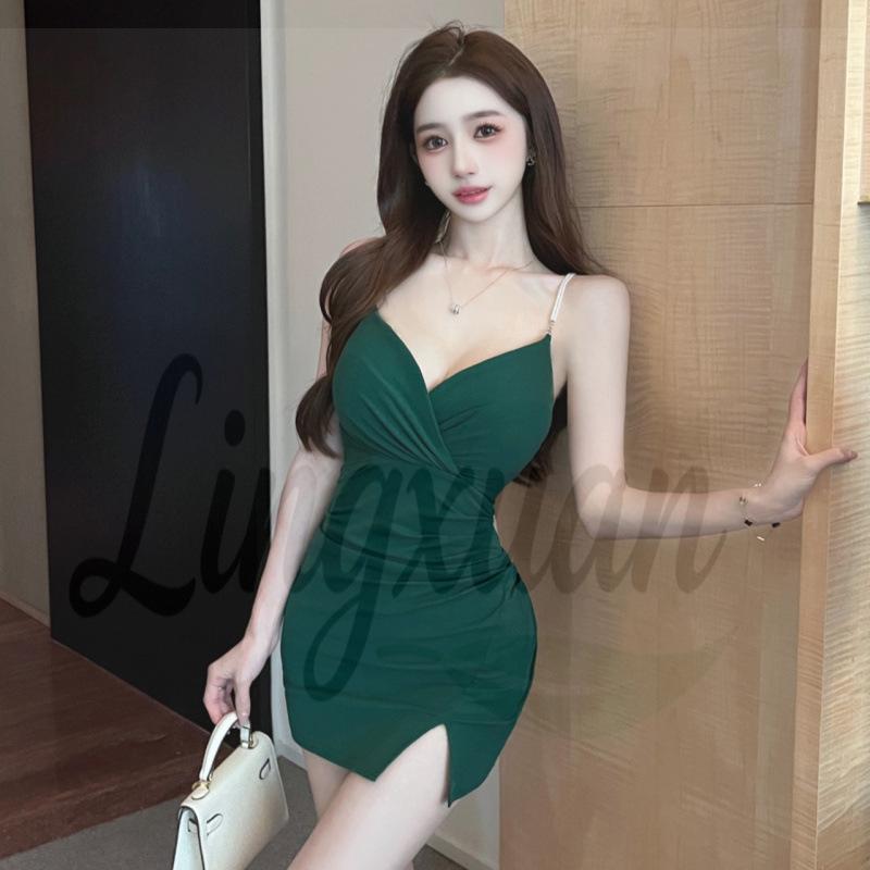 

Pearl Strap Sexy V-Neck Slit Dress - Slim Fit & Figure-Flattering Large зелёный